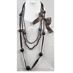 Three Layer Beaded Necklace with Bow Brown NWT